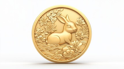 29.A traditional 3D Chinese gold coin design with a lunar rabbit icon beneath a luminous full moon, accented by flowing cloud patterns and a lotus flower emblem. The coin has a glossy golden finish