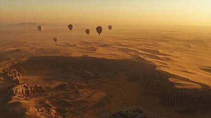 Breathtaking Aerial View of Hot Air Balloons Over Turkey's Desert Dunes and Rugged Cliffs at Sunrise