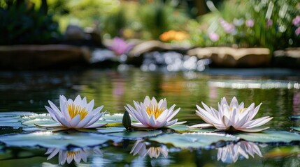 Three water lilies float on a calm pond, reflecting sunlight and surrounded by lush greenery and rocks.