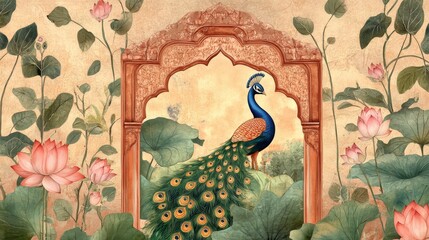 100.A traditional Mughal garden scene for wallpaper, featuring an arch frame with intricate floral patterns, a regal peacock, and lotus flowers. The design reflects the richness of pichwai art, with