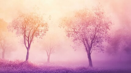 Misty spring morning with silhouetted trees glowing in soft sunrise light amidst a dreamy landscape of vibrant colors and tranquility