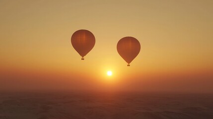 Naklejka premium Enchanting Hot Air Balloons Drifting Above Serene Turkish Desert Landscape at Sunset