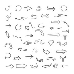 Hand drawn arrows collection. Black brush, marker drawn arrows. Grunge doodle different directions. Isolated  vector arrows charcoal arrows, direction pointers icons. sketch plan and education.
