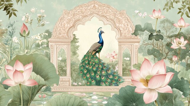100.A traditional Mughal garden scene for wallpaper, featuring an arch frame with intricate floral patterns, a regal peacock, and lotus flowers. The design reflects the richness of pichwai art, with