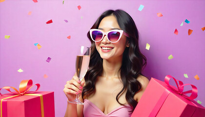 Obraz premium Cool Asian woman holding a Champagne glass surrounded by large colorful gifts with confetti flying around on purple background
