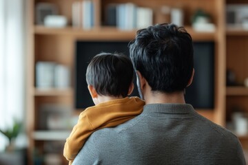 Father and child share a quiet moment at home while enjoying family time in a cozy living room