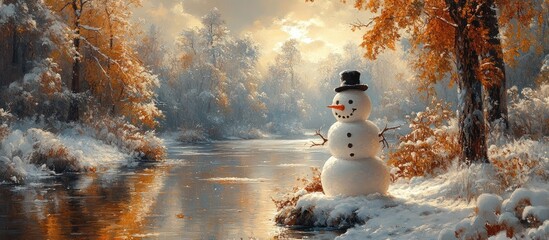 Fototapeta premium Winter landscape featuring a cheerful snowman by a serene river surrounded by snow-covered trees and vibrant autumn foliage.