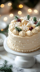 A beautifully decorated holiday cake topped with frosting, berries, and snowflakes.