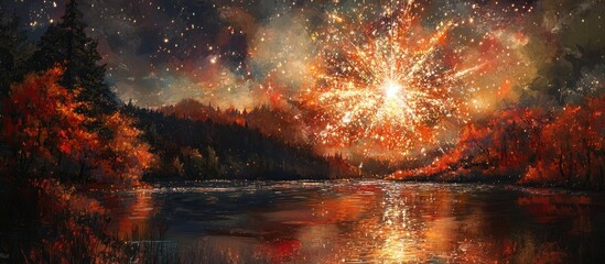 Vibrant autumn fireworks display illuminating a serene lakeside landscape with autumn foliage and starry sky reflections.