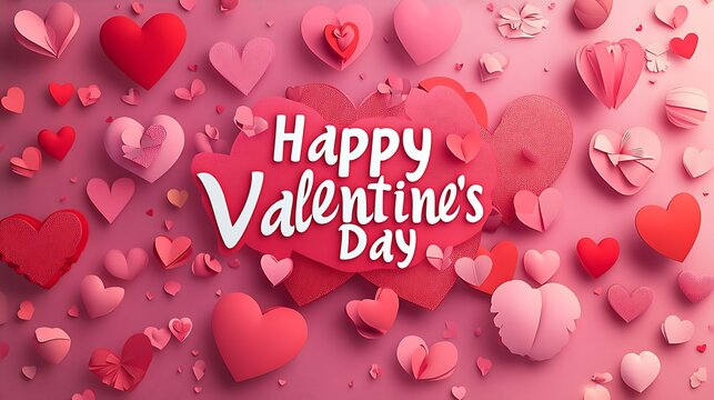 Layered 3D paper cut design with "Happy Valentine's Day" text in bold white letters, surrounded by floating pink and red paper hearts and delicate ribbons, glowing soft light,