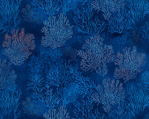 A deep blue wallpaper featuring underwater coral reef patterns, with intricate details and vibrant colors for a coastal-inspired decor.