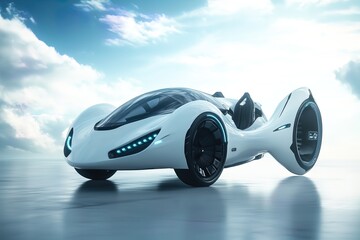 Futuristic flying car, urban air mobility, city air taxi. Passenger Autonomous Aerial Vehicle AAV in futuristic city. Generative AI