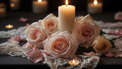 Obraz premium Candle Flame Surrounded by Rose Petals and Lace