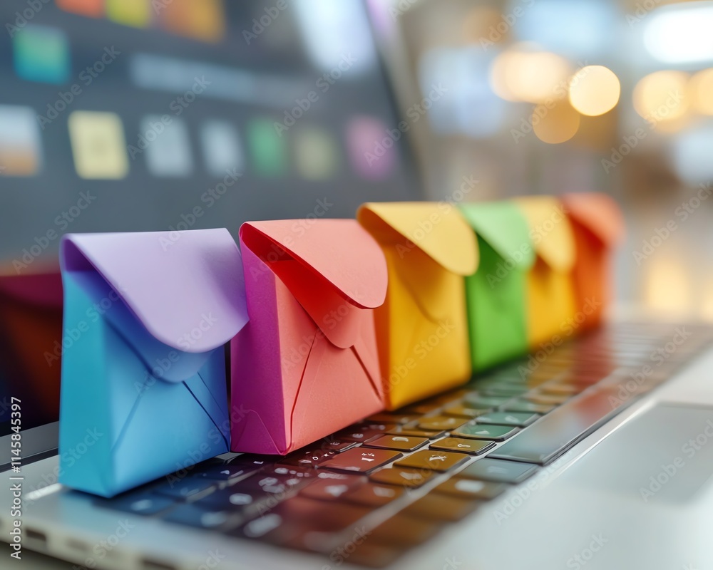 Poster vibrant digital concept of email communication with a laptop and colorful envelopes, symbolizing fas