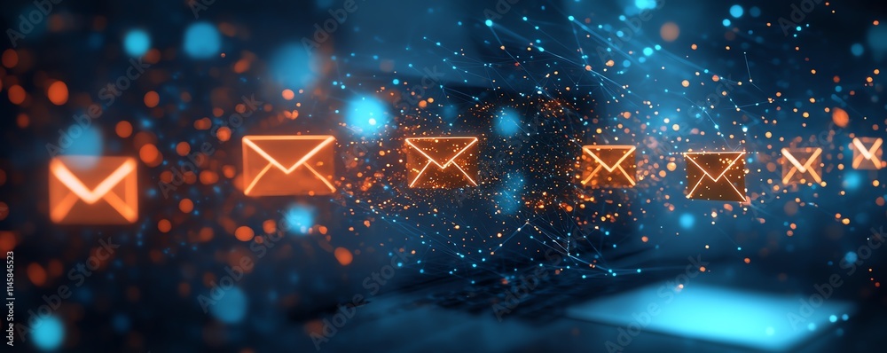 Poster vibrant digital email communication concept with a laptop and envelopes, symbolizing the flow of onl