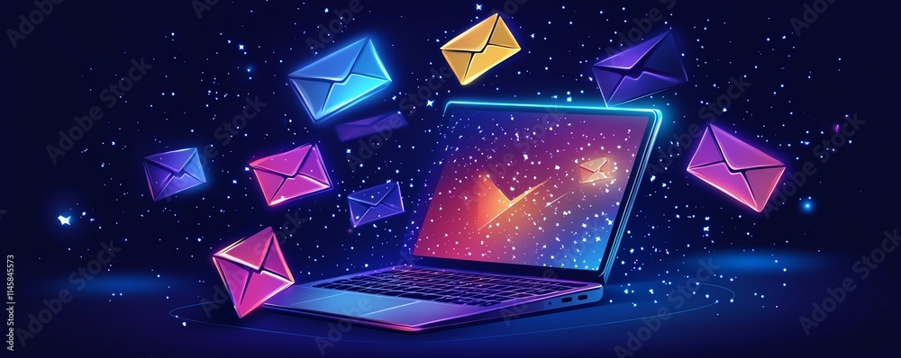 Poster Vibrant digital email communication concept with a laptop and envelopes, symbolizing the flow of online messages, notifications, and global connectivity