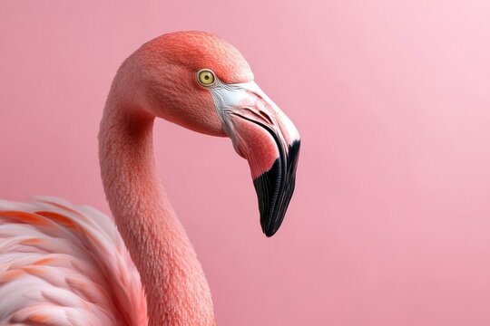 Pink flamingo standing against a soft pink background showcasing its elegant neck and vibrant feathers