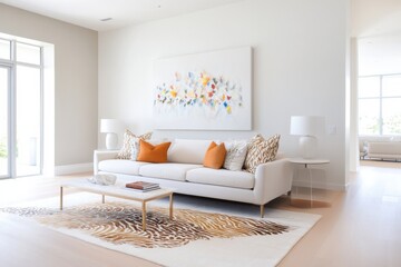 Bright and Modern Living Room with White Sofa, Colorful Artwork, and Elegant Décor Elements Enhancing Contemporary Interior Design Style