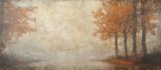 Autumn landscape background with warm tones and misty atmosphere featuring trees and serene water reflections