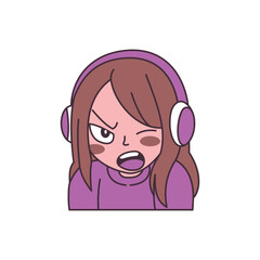 Cute Gamer Girl Cartoon Character Wearing Headset with Angry Screaming Expression