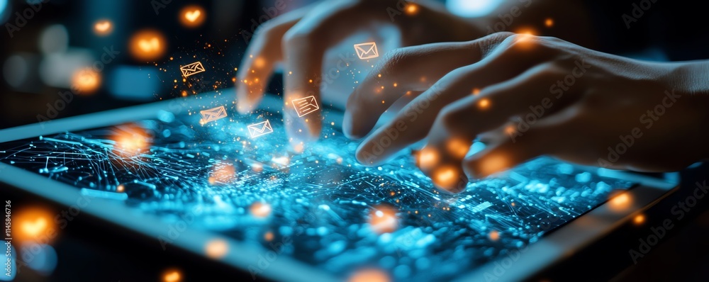 Leinwandbilder closeup of hands interacting with a tablet, with email and message icons hovering above, symbolizing