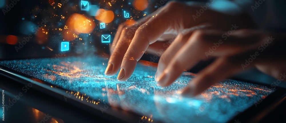 Aufkleber Closeup of hands interacting with a tablet, with email and message icons hovering above, symbolizing the future of digital communication and technology