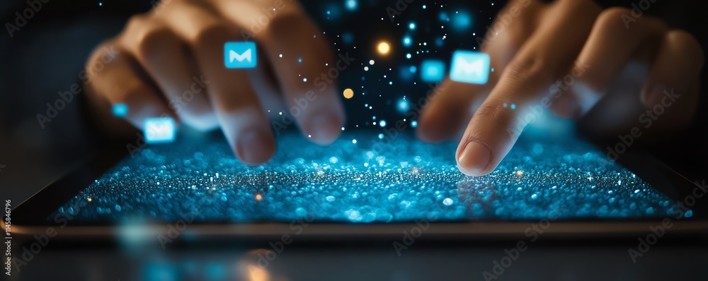 Leinwandbilder closeup of hands interacting with a tablet, with email and message icons hovering above, symbolizing