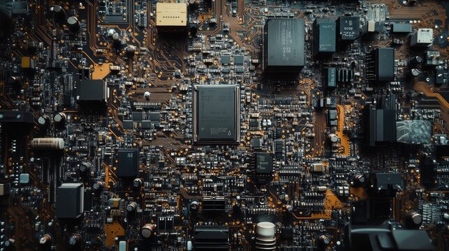 A silicon microchip embedded in a circuit board, surrounded by capacitors, resistors, and transistors in a clean layout