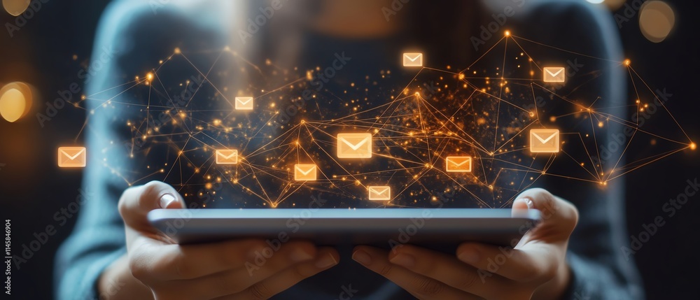 Leinwandbilder closeup of hands on a tablet, with floating email and message icons, symbolizing the integration of 