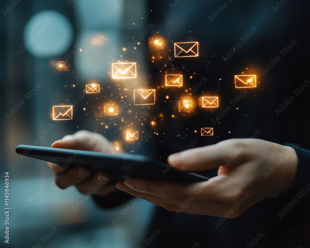 Poster Closeup of hands on a tablet with email and message icons floating, symbolizing seamless communication and the impact of technology in daily life