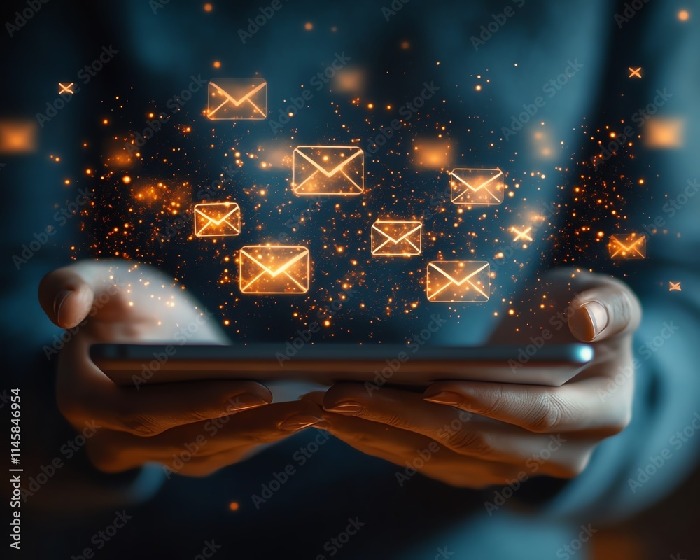 Leinwandbilder closeup of hands on a tablet with email and message icons floating, symbolizing seamless communicati