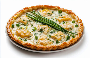 A tart, ravioli with cream sauce and green onions on a white background.