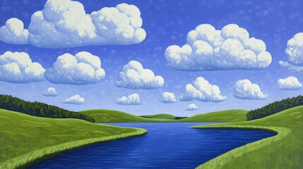 Fototapeta premium Serene landscape of fluffy clouds above a tranquil lake bordered by lush green hills on a clear blue sky day