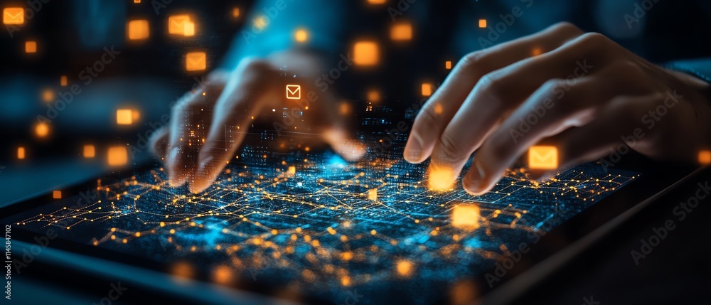 Leinwandbilder closeup of hands using a tablet with email and message icons floating, symbolizing modern communicat