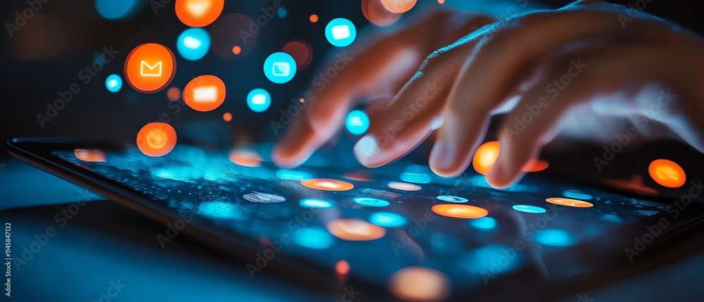 Aufkleber closeup of hands using a tablet with email and message icons floating, symbolizing modern communicat