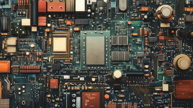 A silicon microchip embedded in a circuit board, surrounded by capacitors, resistors, and transistors in a clean layout