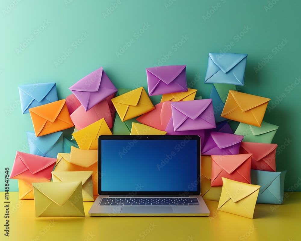 Poster colorful digital concept of email communication with a laptop and envelopes, representing the modern