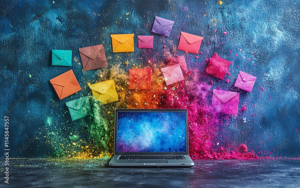 Poster colorful digital communication concept with a laptop and envelopes, symbolizing the power of online 