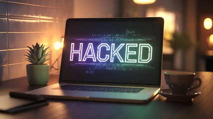 Cybersecurity hack, cyber attack warning with digital breach notification, laptop with hacking message, computer security compromised, IT security alert, cybercrime concept.