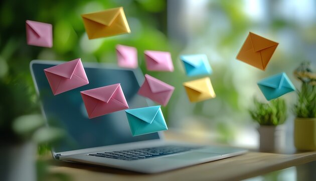 Colorful digital email communication with a laptop and floating envelopes, symbolizing the dynamic nature of online messaging and global connectivity