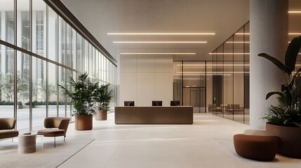 Fototapeta premium Modern office lobby with glass walls, minimalist reception desk, potted plants, sleek furniture, and soft natural light.