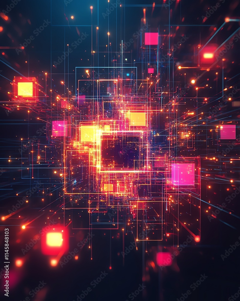 Poster colorful glowing geometric shapes in abstract digital art, showcasing a futuristic technology theme 