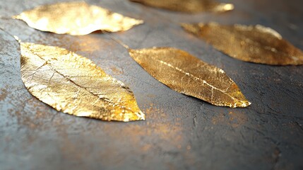 Golden leaves art display indoor studio decorative content modern environment close-up view nature concept