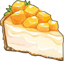 Handdrawn mango cake in piece with fresh sliced mango illustration, flat hand drawn style, graphic design elements, Ingredients color cliparts