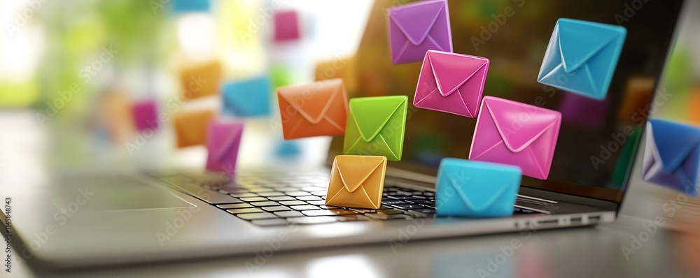Poster email communication concept with a laptop, colorful envelopes, and notifications, representing the m