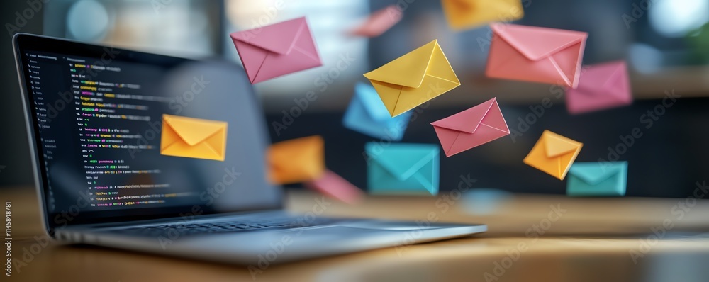 Poster email communication concept with a laptop, colorful envelopes, and notifications, representing the m