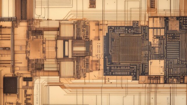 A top-down view of a microchip layout with precise etched lines, highlighting the advanced engineering of its design