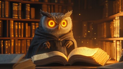 Wise Owl in Mystical Library Surrounded by Ancient Scrolls and Glowing Eyes