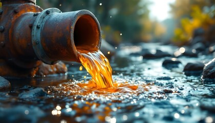 A pipe discharges oil into a river, highlighting the risks associated with wastewater pollution