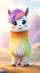 Adorable cartoon llama with a colorful mane and cheerful expression in a bright, sunny landscape